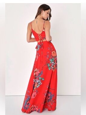 Lulu's Red Floral Lace-Up Back Maxi Dress